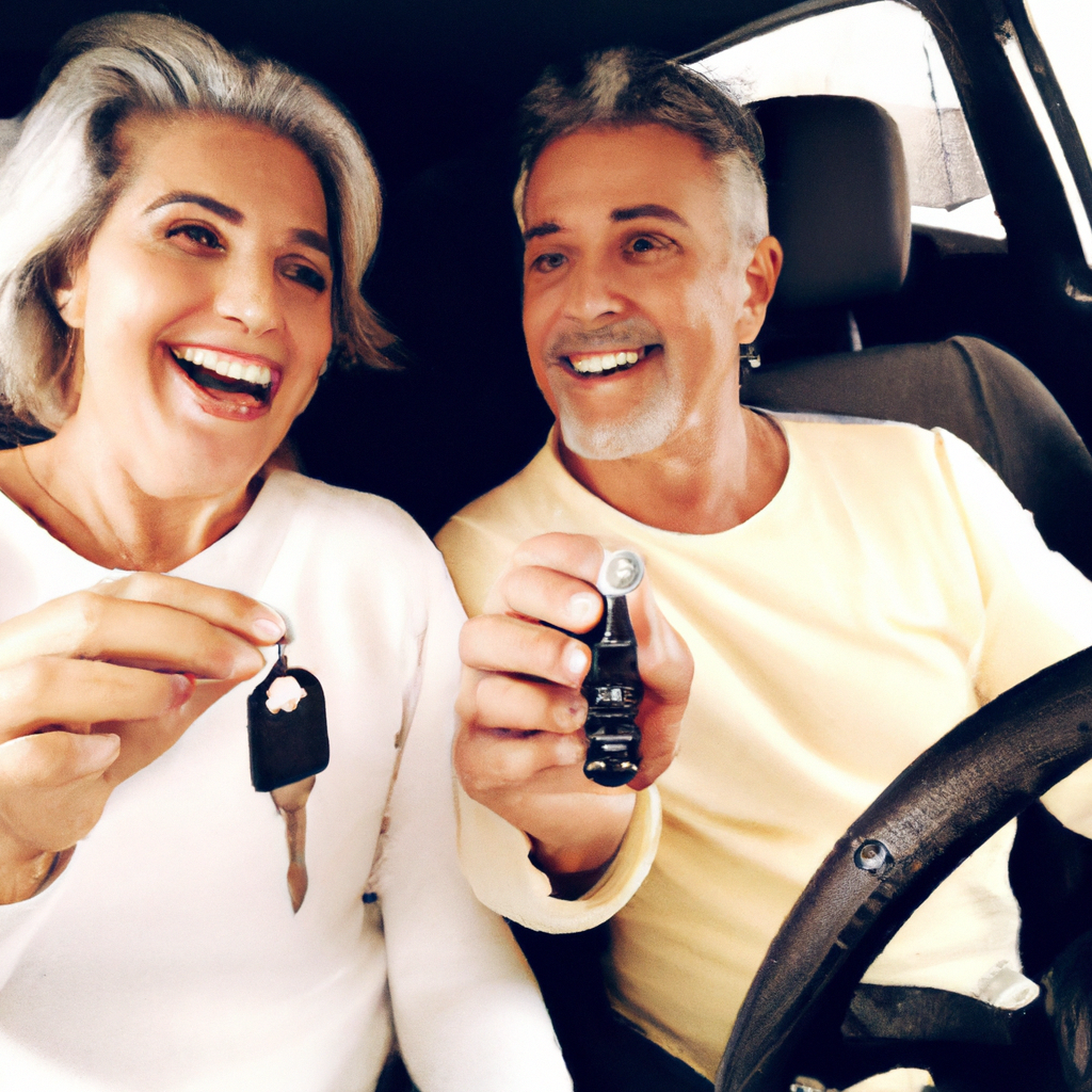 Cliente casal feliz com chave do carro